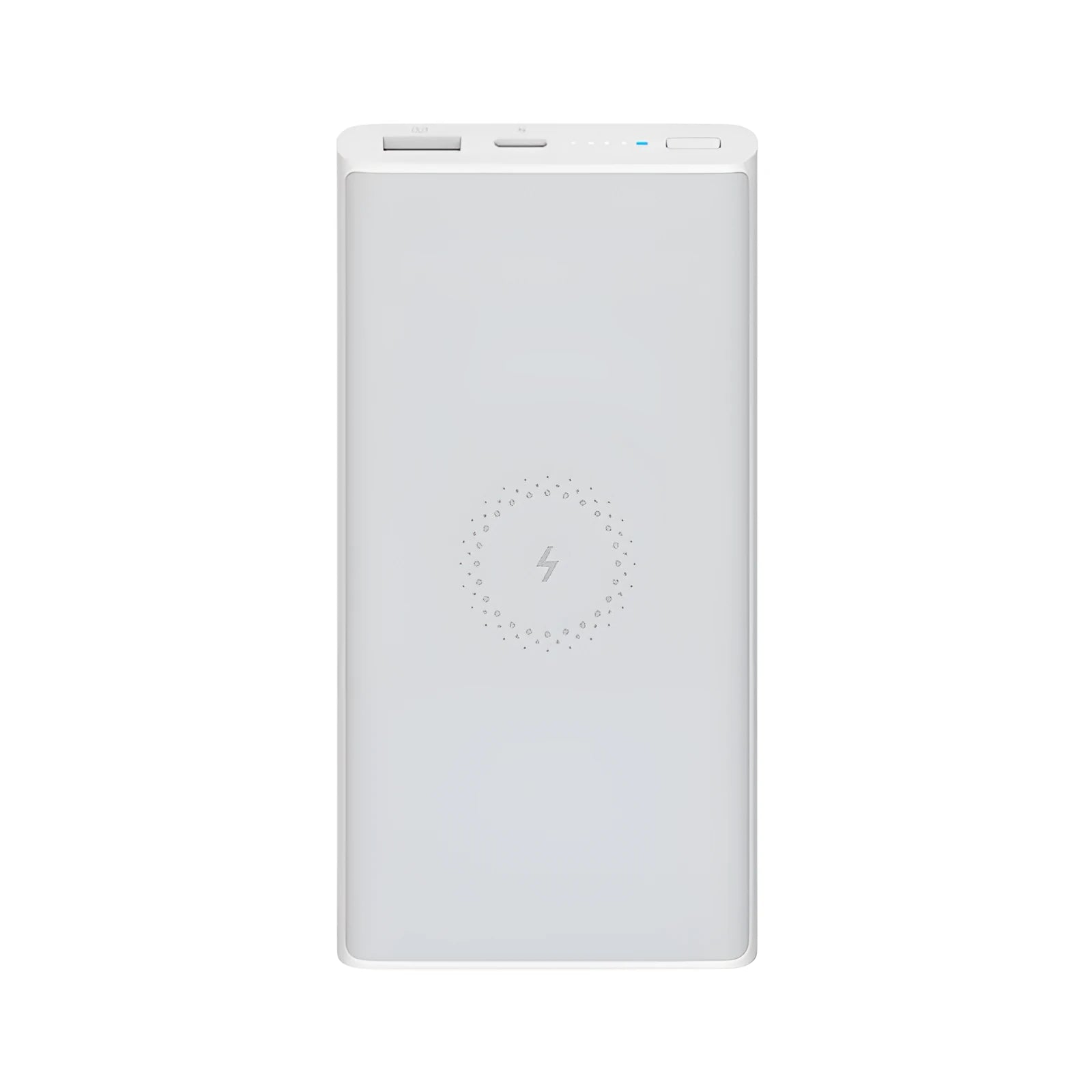 White 10000mAh power bank showing USB-C port and wireless charging surface
