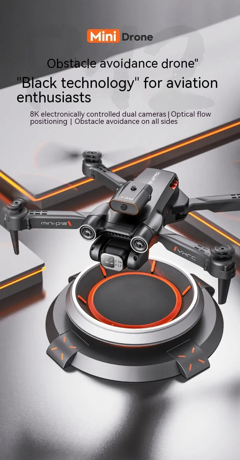 P12 Black and Orange quadcopter drones with HD cameras showing folded and unfolded positions