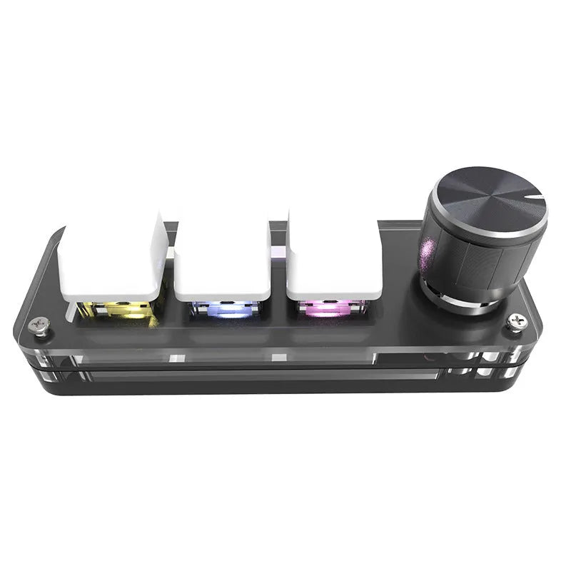 Black programmable mini keyboard with RGB backlit keys for copy and paste commands.