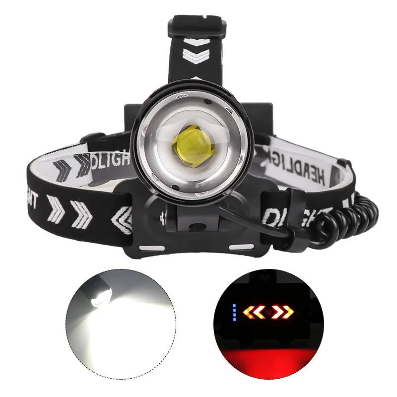 Black aluminium alloy USB rechargeable telescopic zoom headlight with storage box on a dark background.