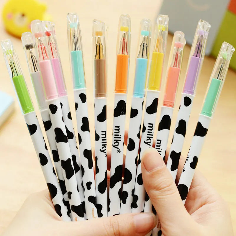 Cow pattern gel pen set with 12 assorted colours and 0.38mm fine point tips