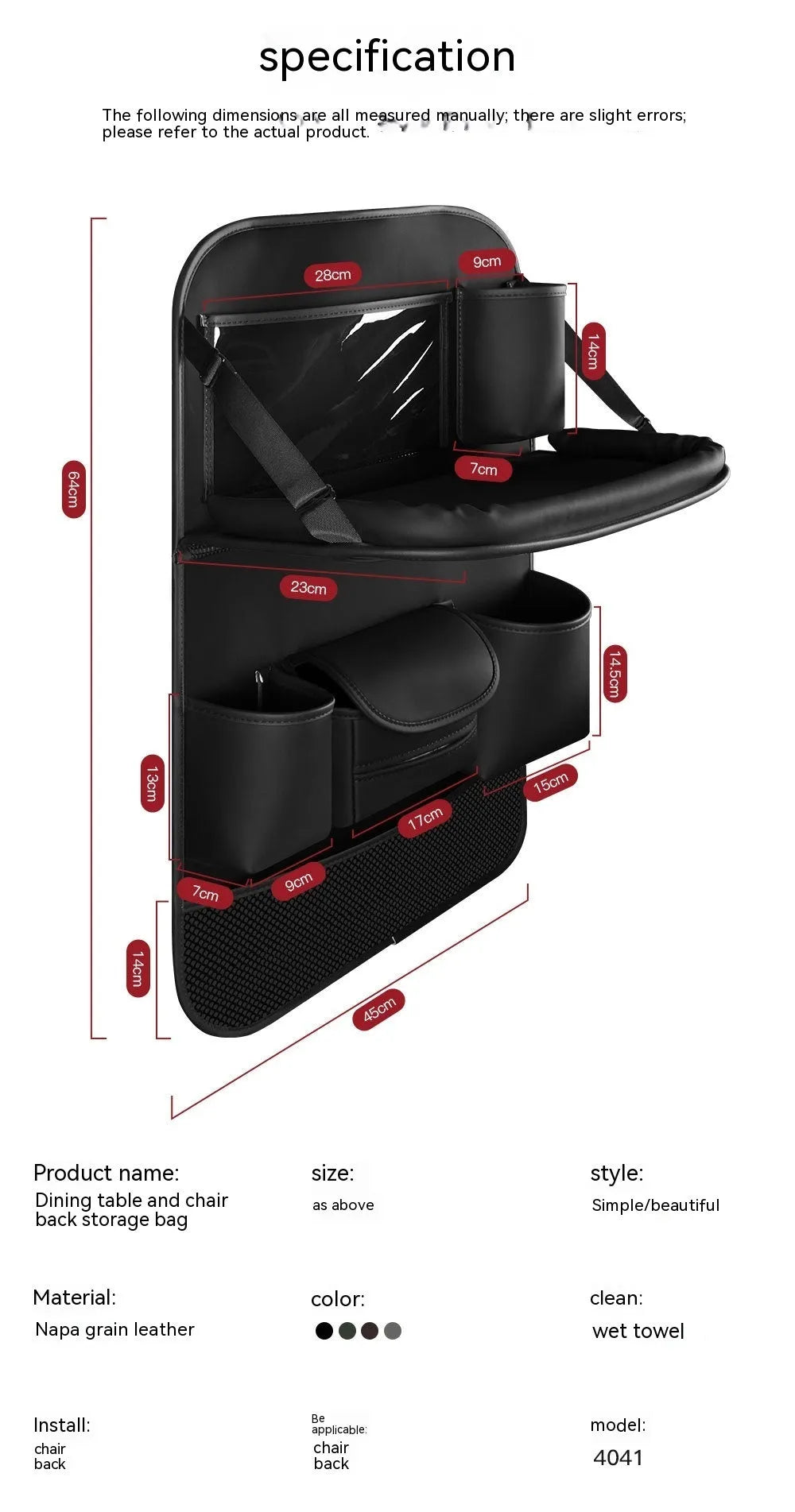 Car seat back storage bag with foldable dining table in leather, waterproof and pressure resistant, high grade gray colour