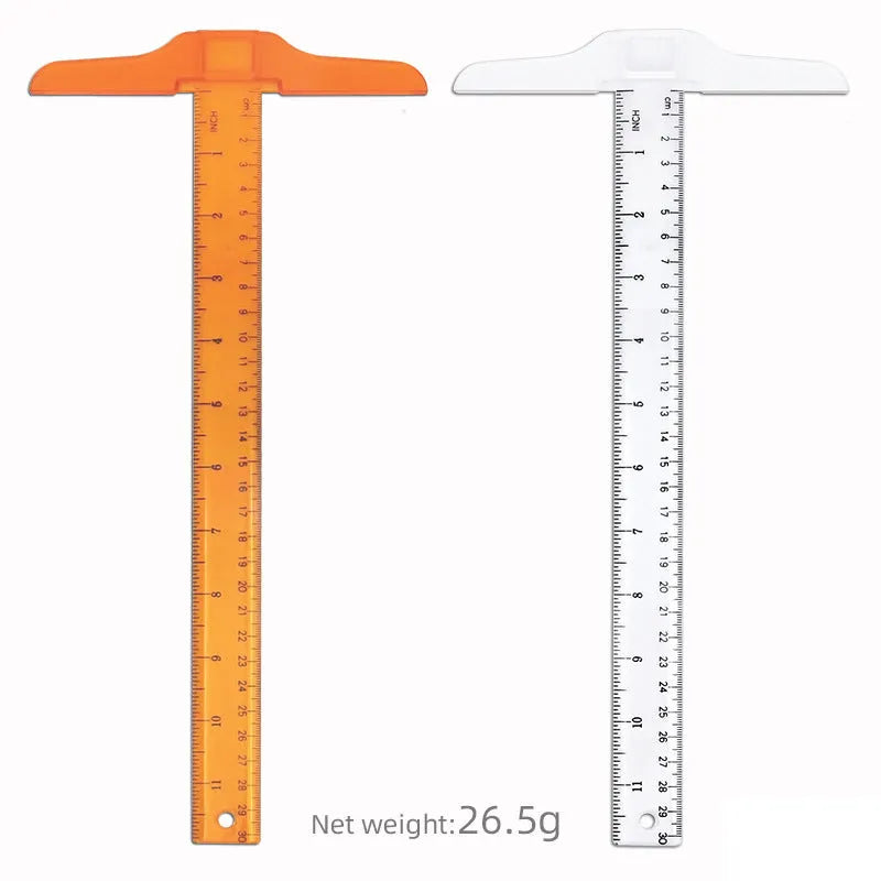 30cm plastic T-shaped ruler with British or double centimetre scales in transparent or orange yellow