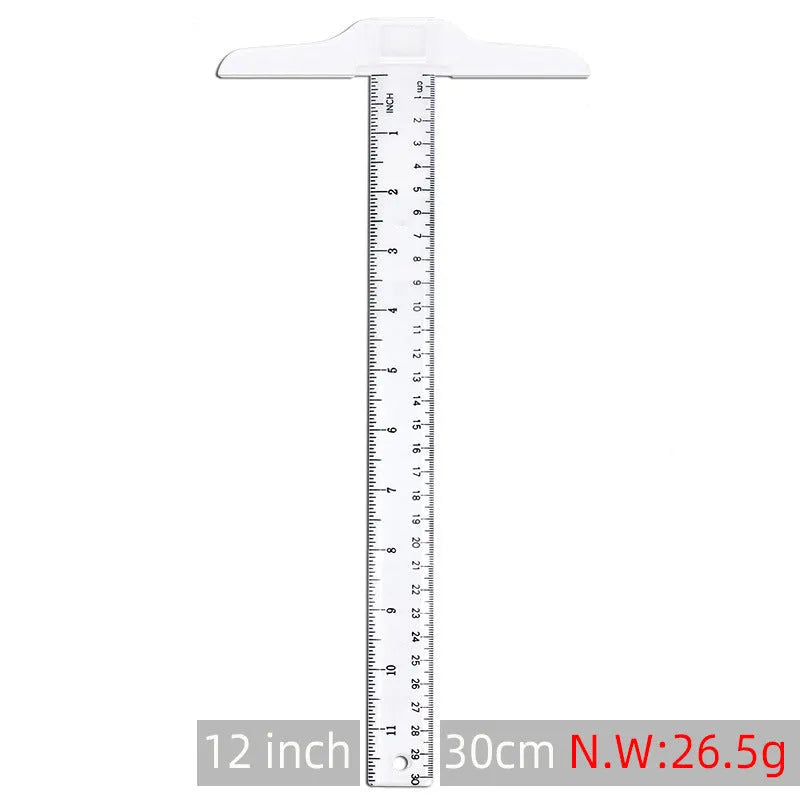 30cm plastic T-shaped ruler with British or double centimetre scales in transparent or orange yellow