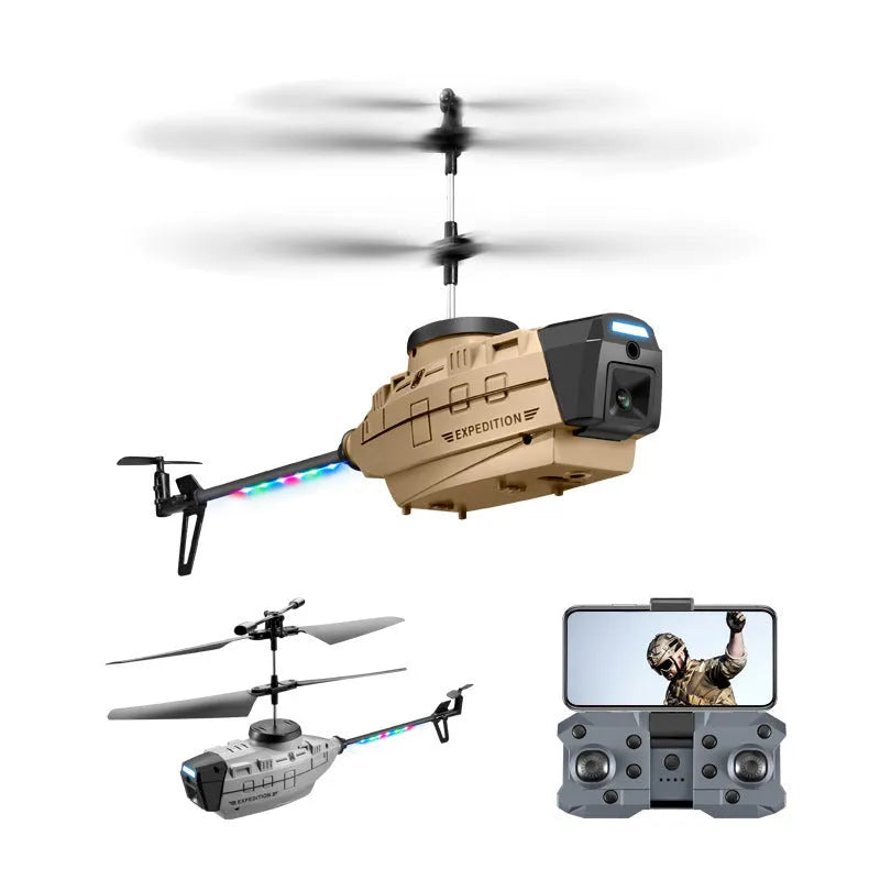 Heifeng grey reconnaissance UAV helicopter with four rotors and coloured LED lights in flight.