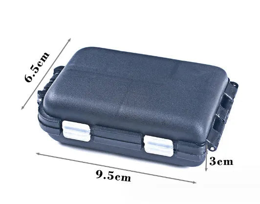 Plastic fishing gear storage box with 10 compartments measuring 9.5 × 6.5 × 3 cm