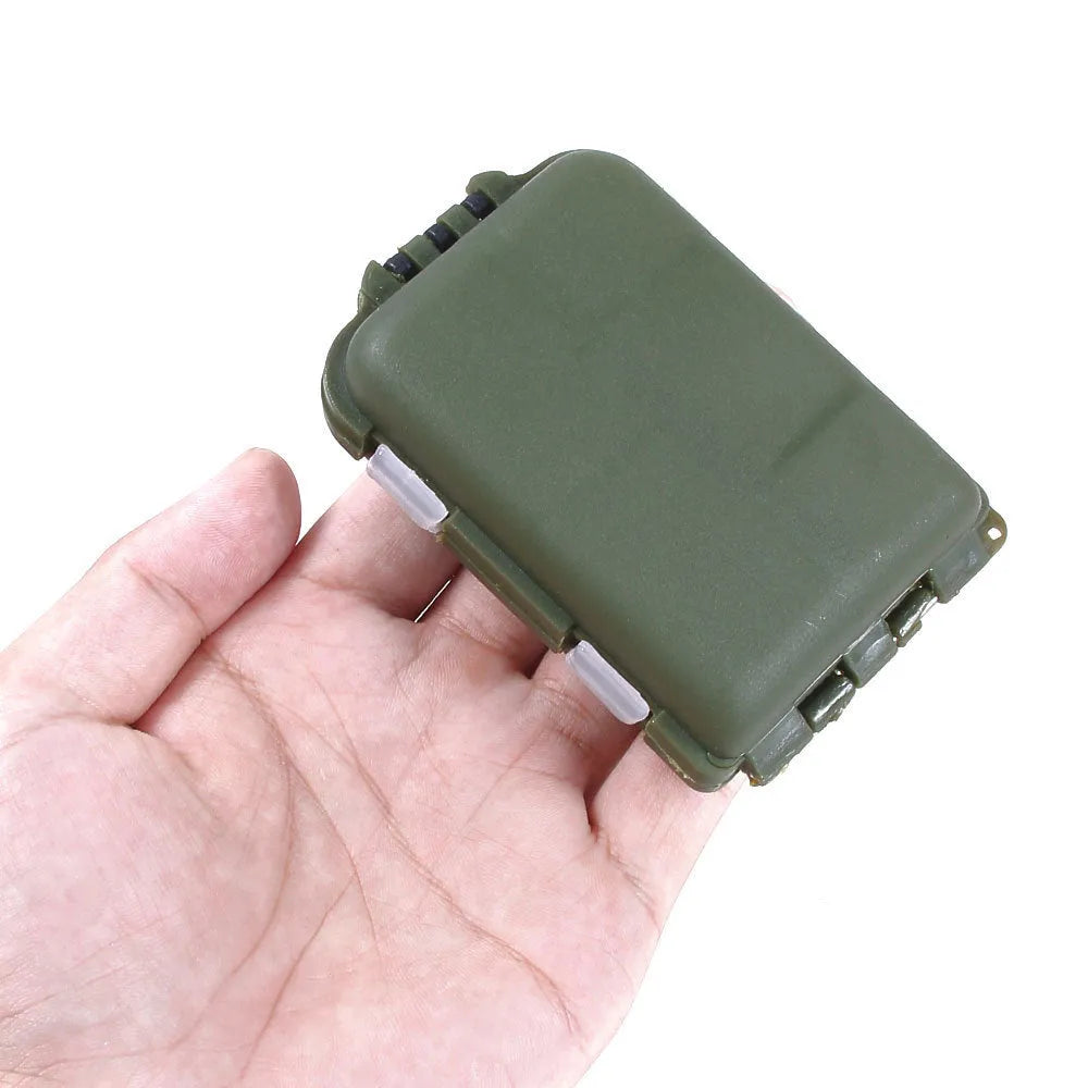 Plastic fishing gear storage box with 10 compartments measuring 9.5 × 6.5 × 3 cm