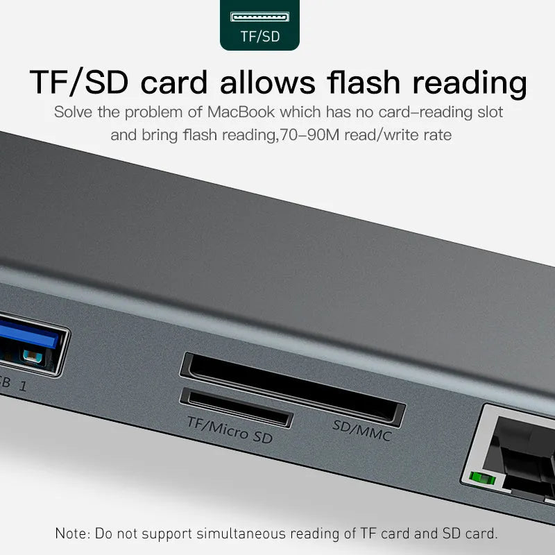 Grey aluminium laptop docking station with cooling bracket and ten ports including HDMI, VGA, and Ethernet.