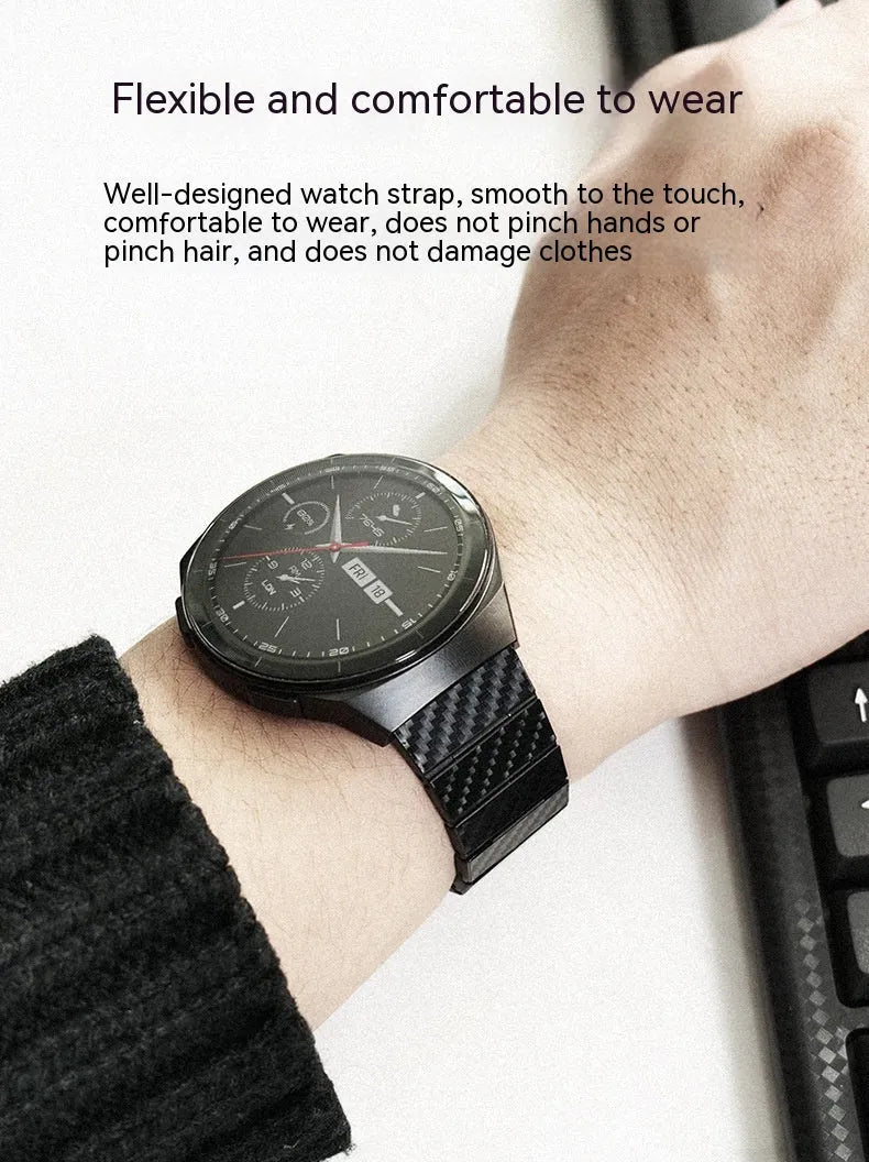 Black carbon fiber watch band for Apple Watch showing chain links and metal clasp on a white background