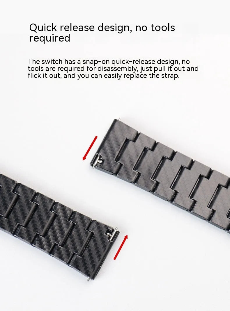 Black carbon fiber watch band for Apple Watch showing chain links and metal clasp on a white background