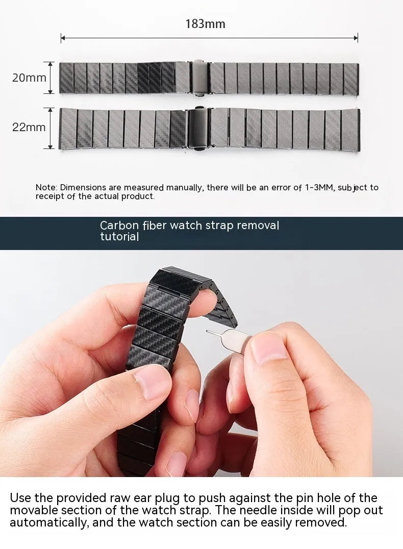 Black carbon fiber watch band for Apple Watch showing chain links and metal clasp on a white background