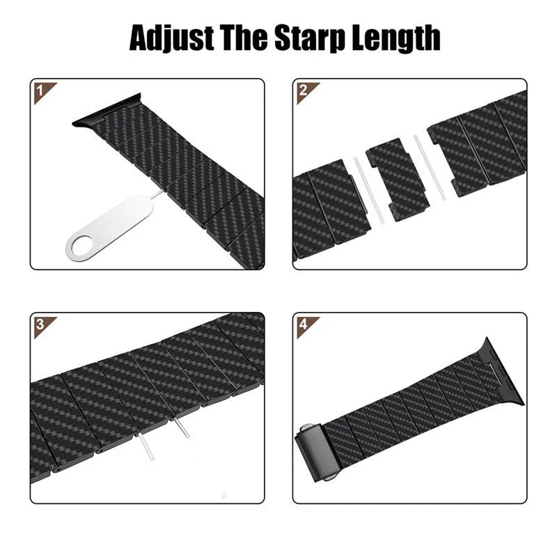 Black carbon fiber watch band for Apple Watch showing chain links and metal clasp on a white background