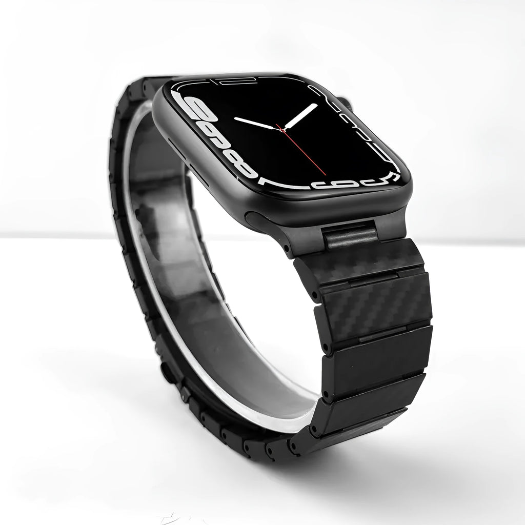 Black carbon fiber watch band for Apple Watch showing chain links and metal clasp on a white background