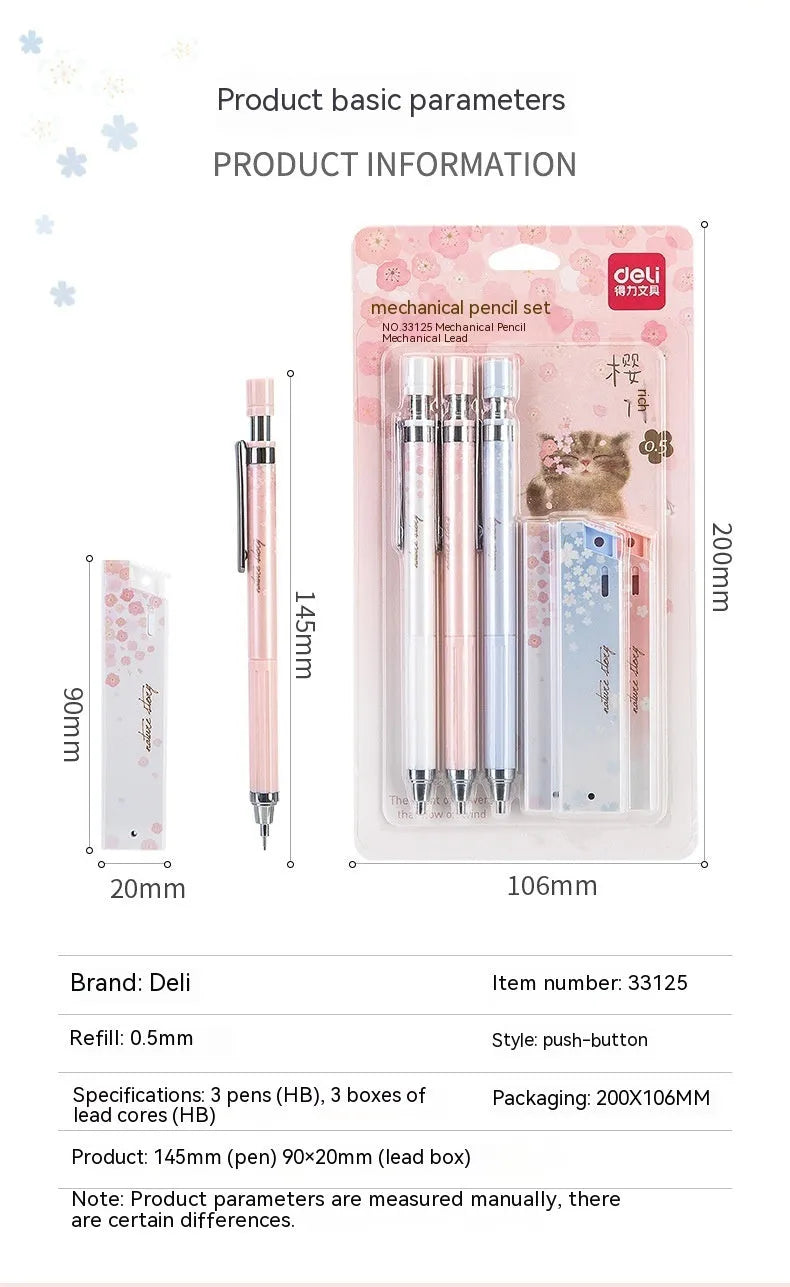 Sakura law cartoon automatic pencil set with three 0.5mm pencils and refill boxes