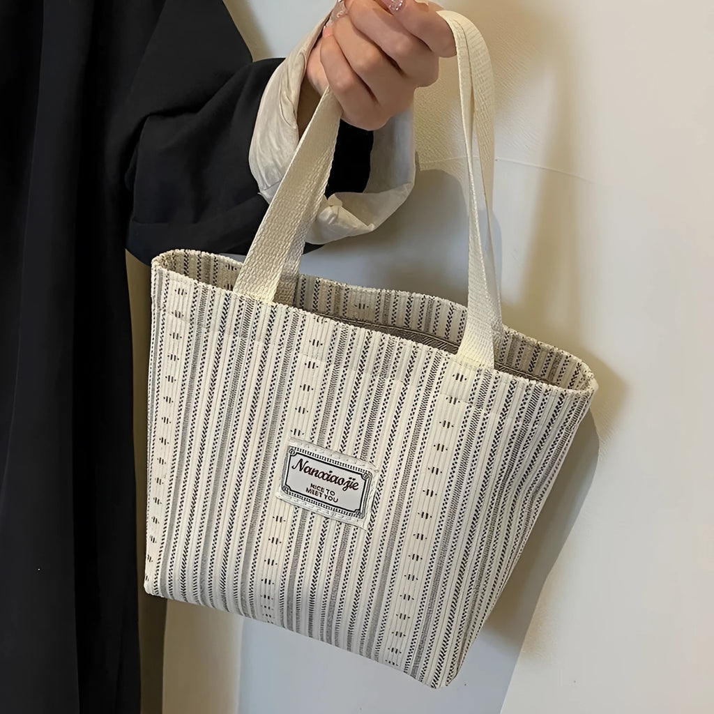 Japanese style large corduroy handbag in dark brown, shown with grey and ivory white colour options.