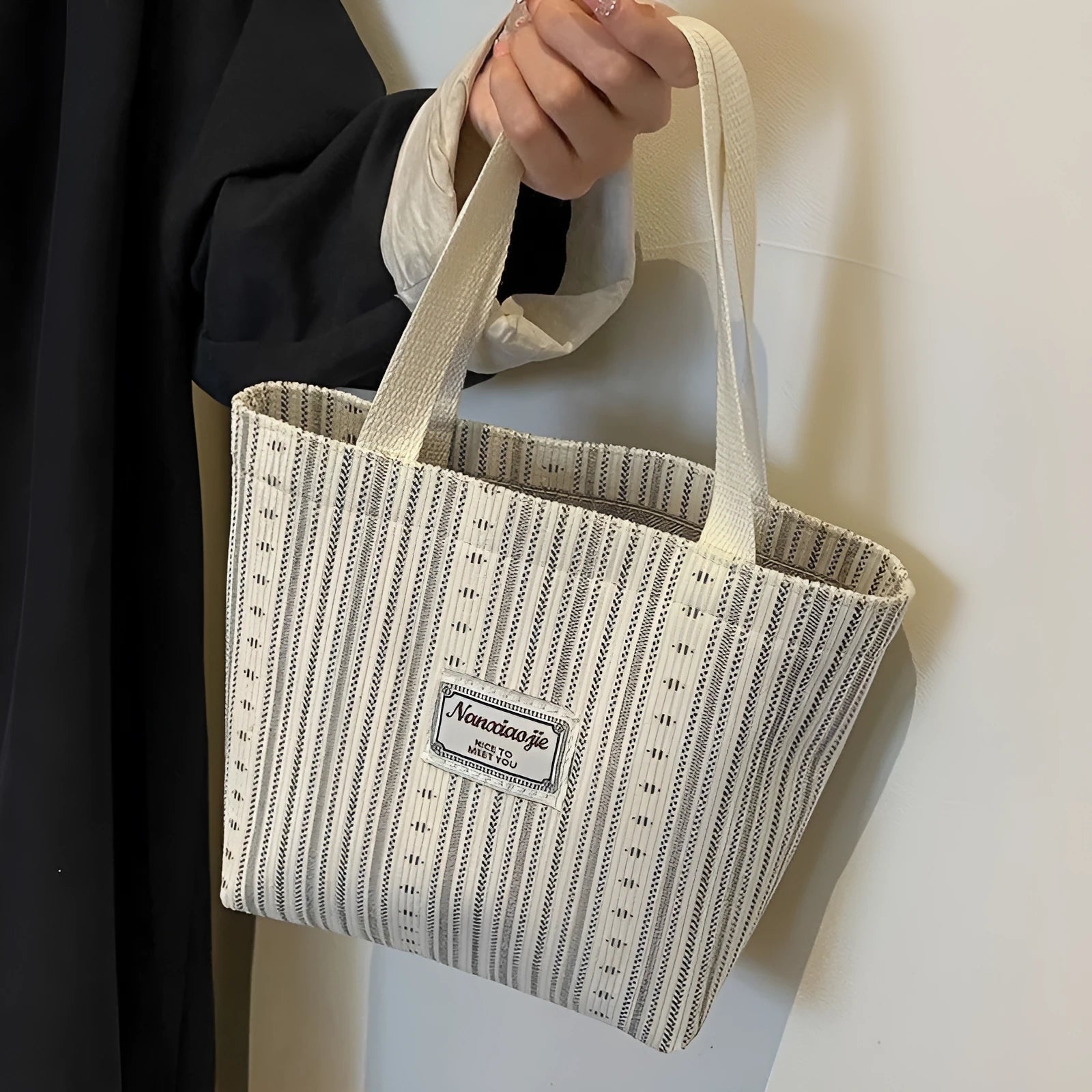 Japanese style large corduroy handbag in dark brown, shown with grey and ivory white colour options.