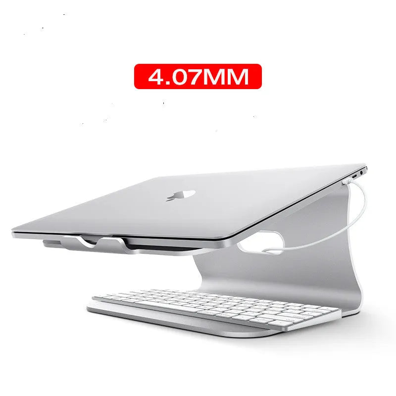 Aluminium alloy notebook cooling bracket in silver colour, showing its thin 4.07mm profile and rotary hinge design.