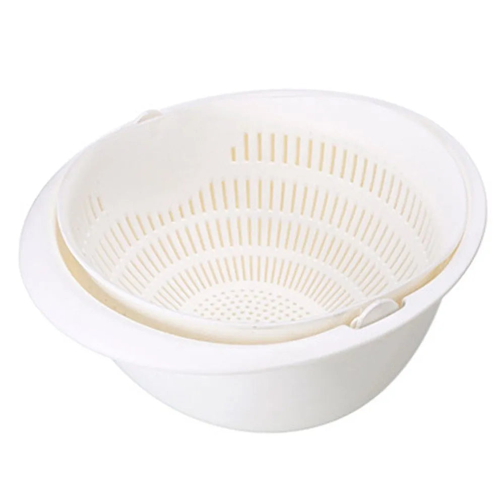 Portable double-layer hollow fruit and vegetable cleaning drain basket in Beige, 23 cm square PP plastic