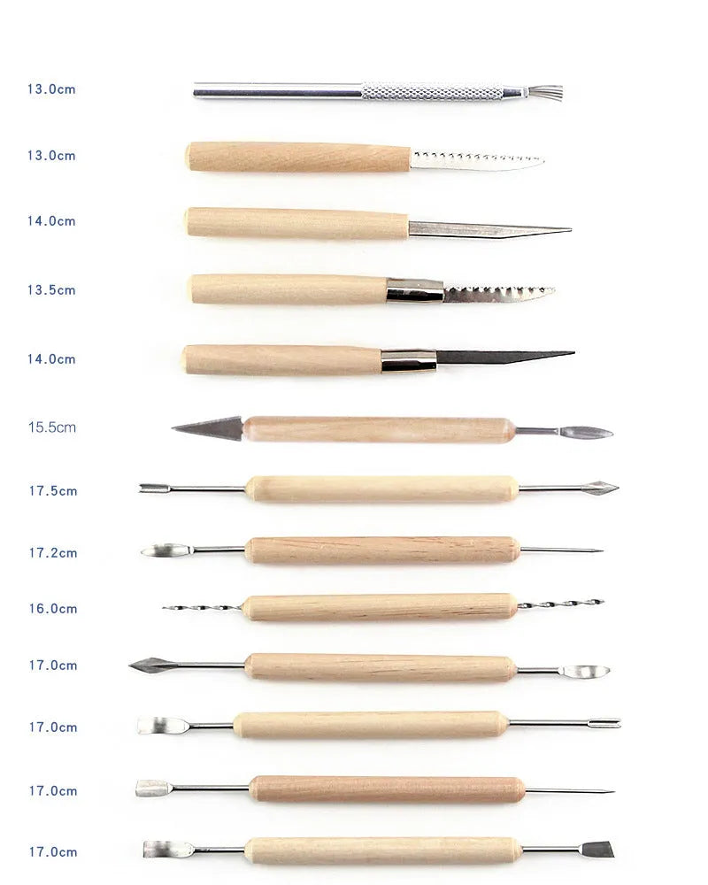 27-piece brown pottery clay tool set with stainless steel, wood and plastic tools rolled in a storage bag.