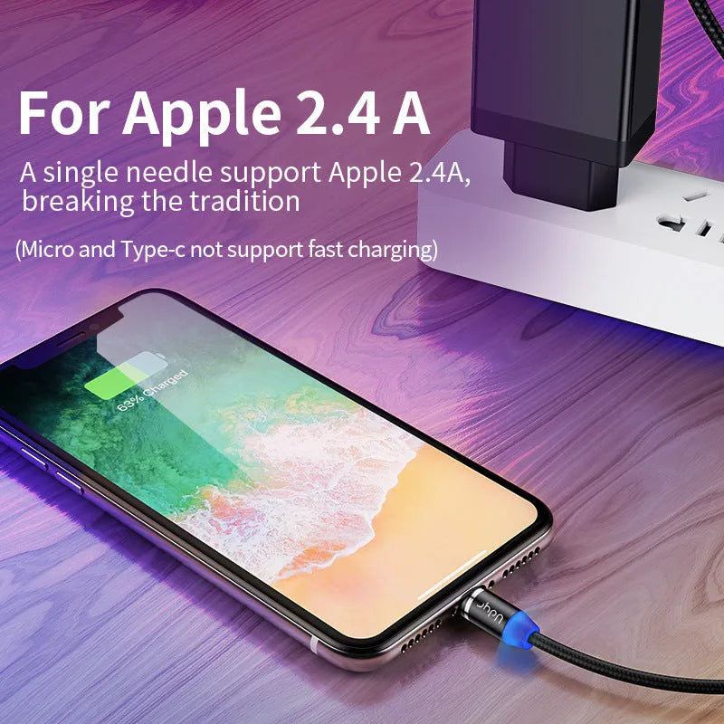 Black magnetic data cable with detachable heads for iPhone, Android and USB-C devices