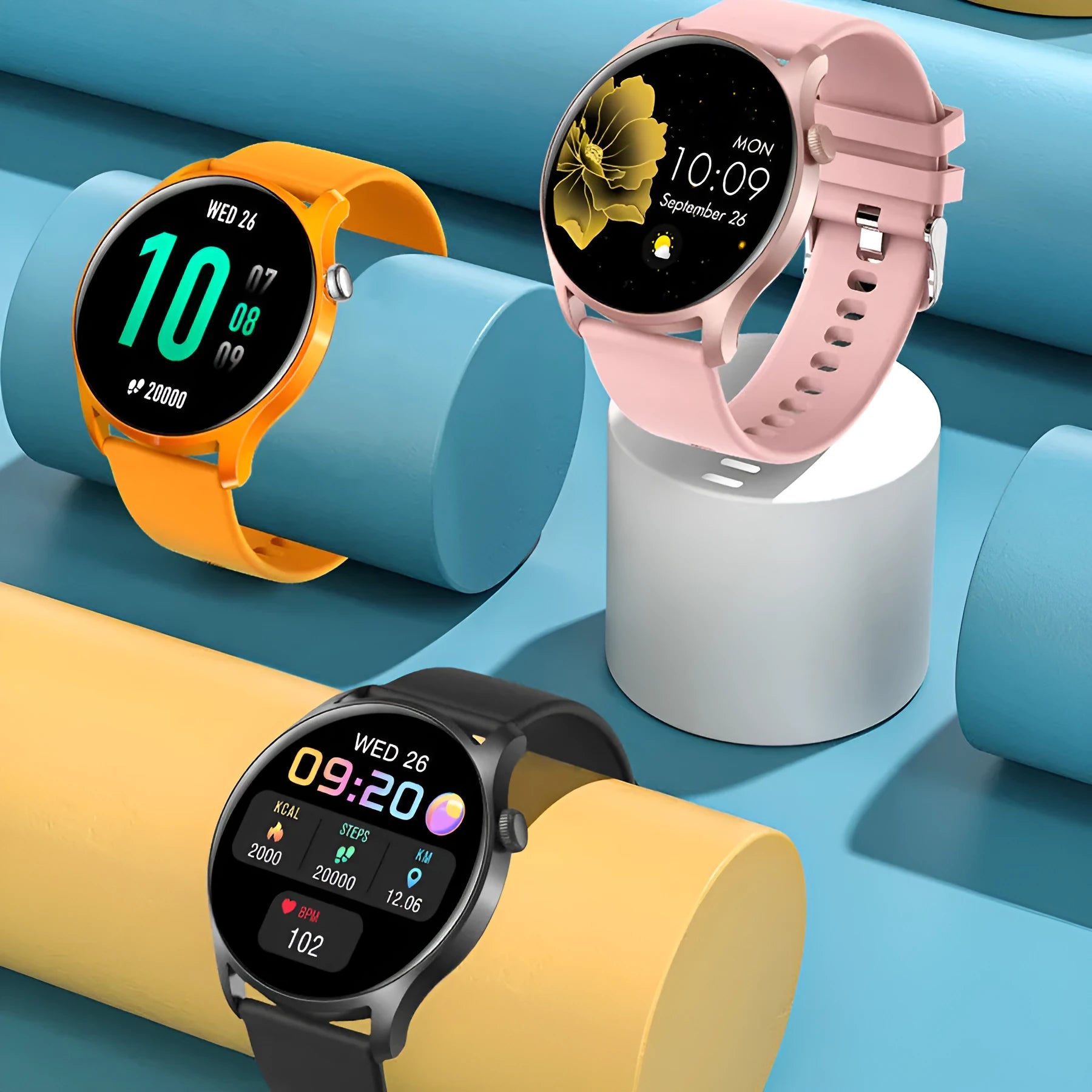 Smart watch with 1.3-inch screen showing heart rate display on a silicone wristband