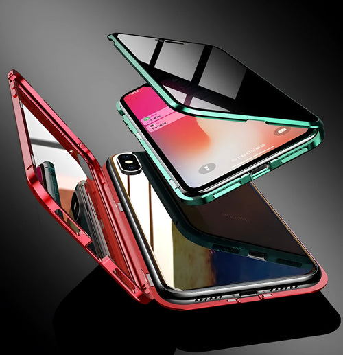 Black anti-peeping magnetic clamshell phone case for Samsung Galaxy smartphones showing closed and open views