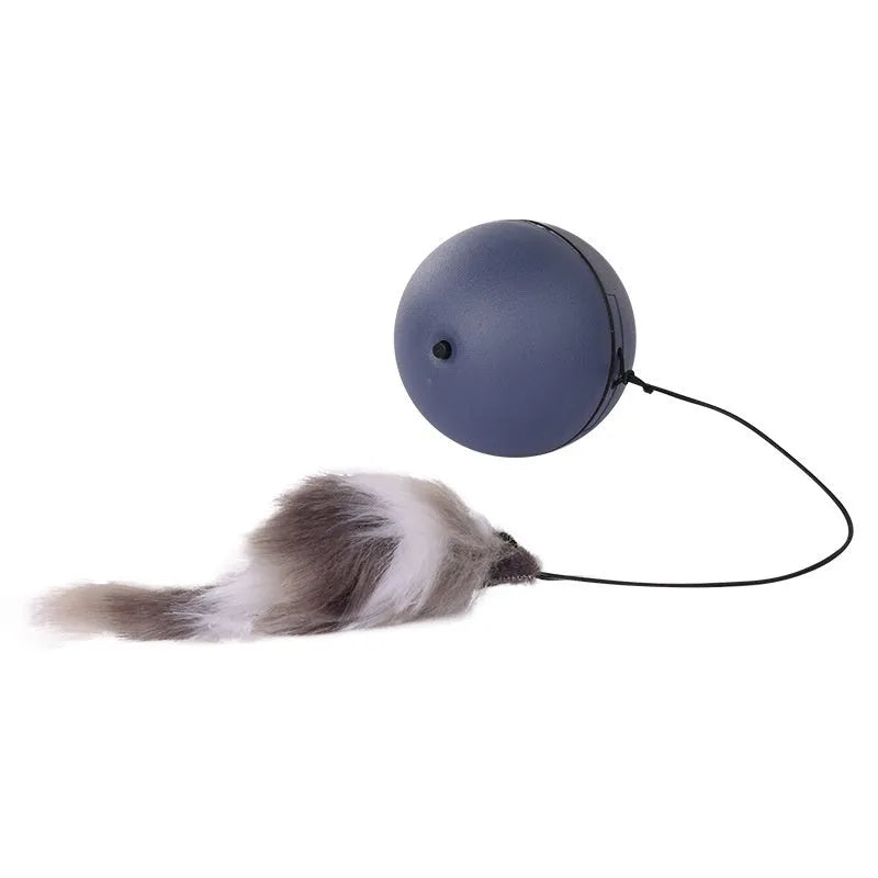 Blue orange automatic cat teaser ball with plush mouse attachment rolling on floor