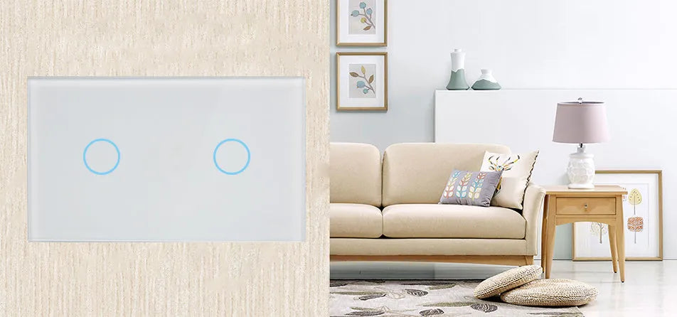 Modern 2-gang touch light switch with tempered glass panel in black, white, or gold.