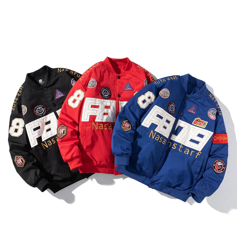 American motorcycle baseball uniform jacket with detachable hood in black, red or blue colours