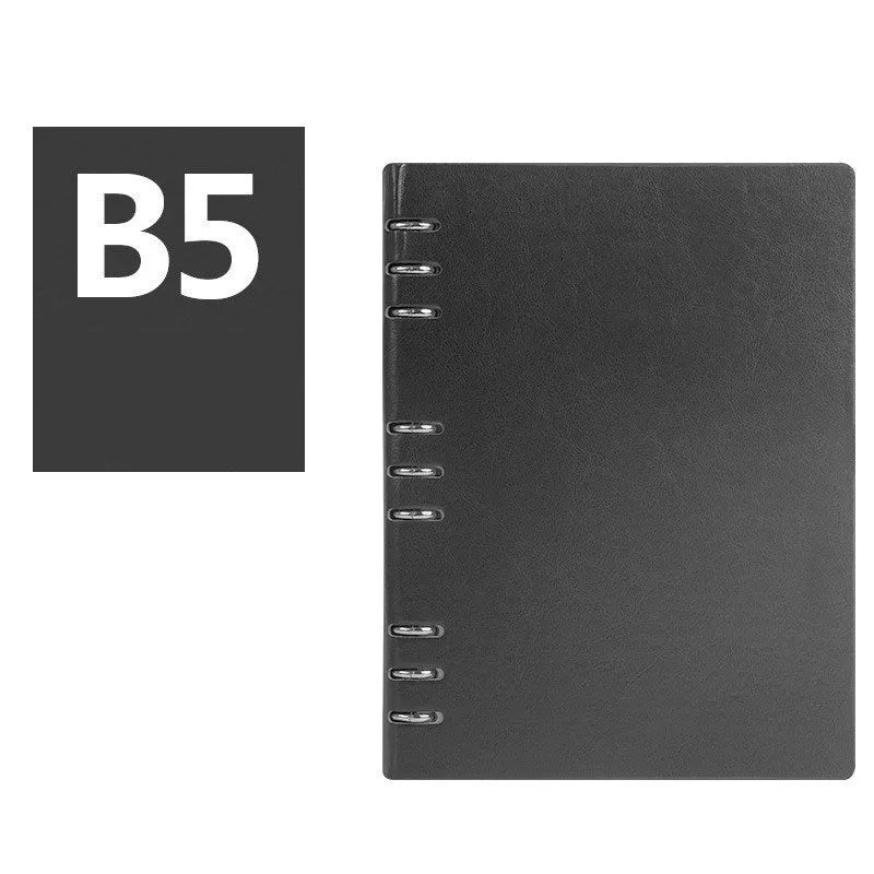 Loose-leaf business notebook with imitation leather cover in multiple colours, open to show beige paper.