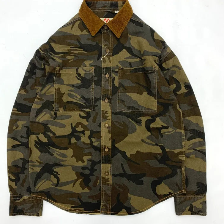 Men's retro camouflage shirt with corduroy lapel stitching and drop-shoulder sleeves in Army Green