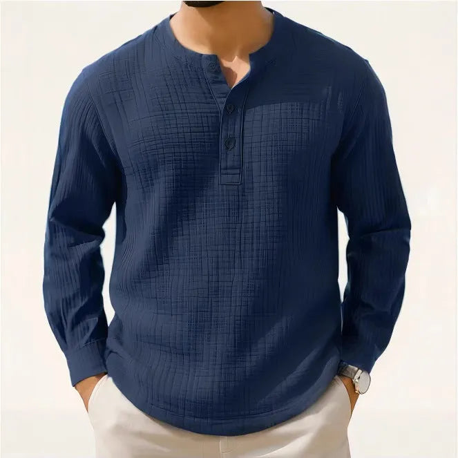 Slim fit linen and polyester long sleeve pullover shirt in army green.