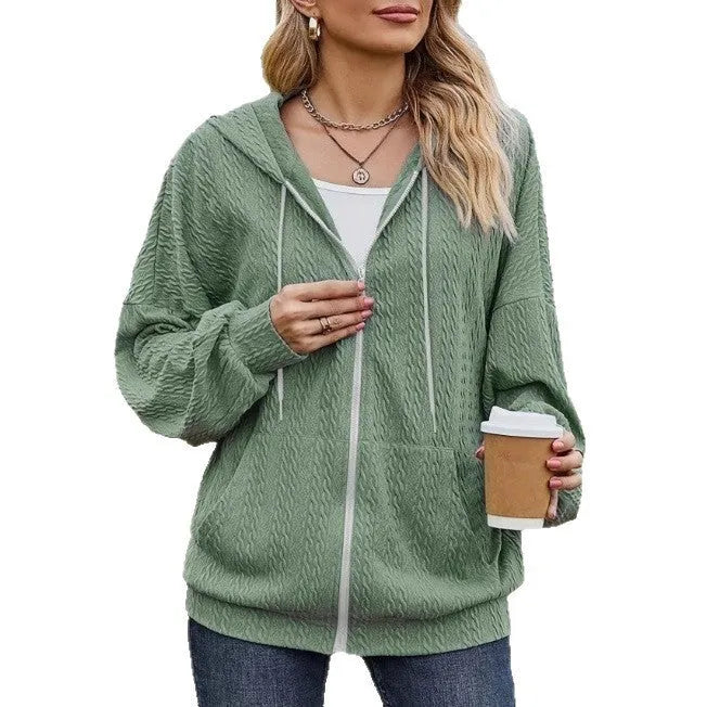 Green women's hooded sweater coat with full-length front zipper and loose casual fit