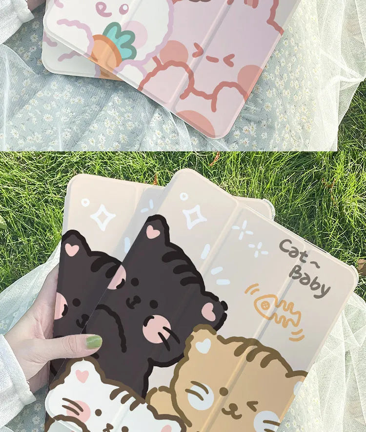 Silicone iPad case with tri-fold design in cartoon rabbit style for iPad Pro and other models