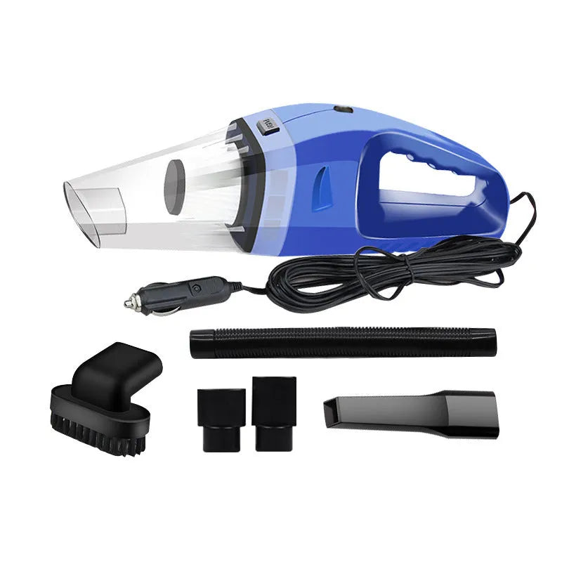 Orange, black, and blue coloured 12V handheld car vacuum cleaner with nozzle attachments on a 5m cord.
