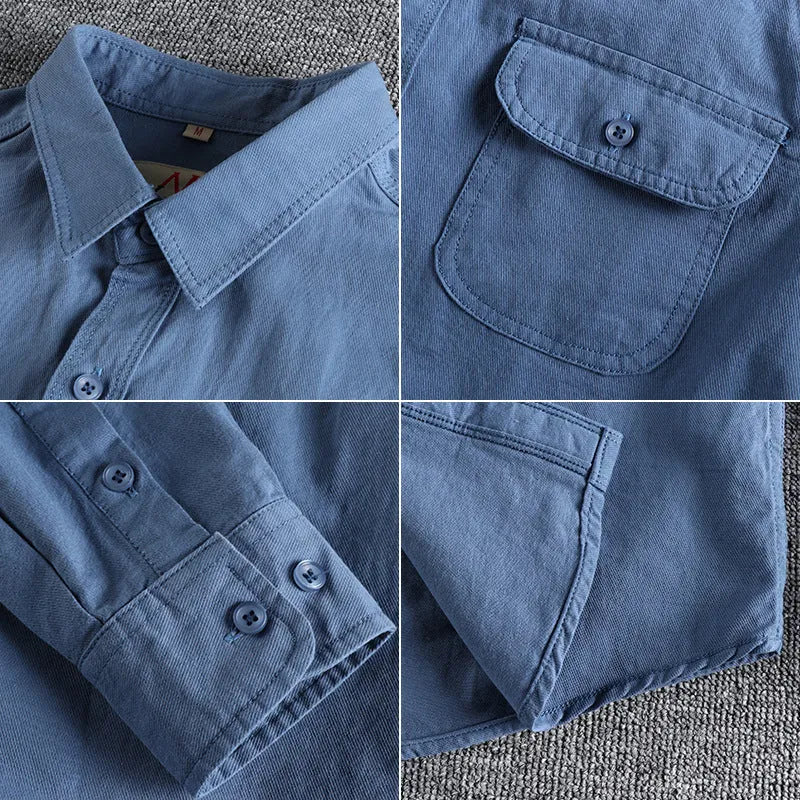 Men's light blue retro cotton long sleeve shirt with regular fit cardigan style