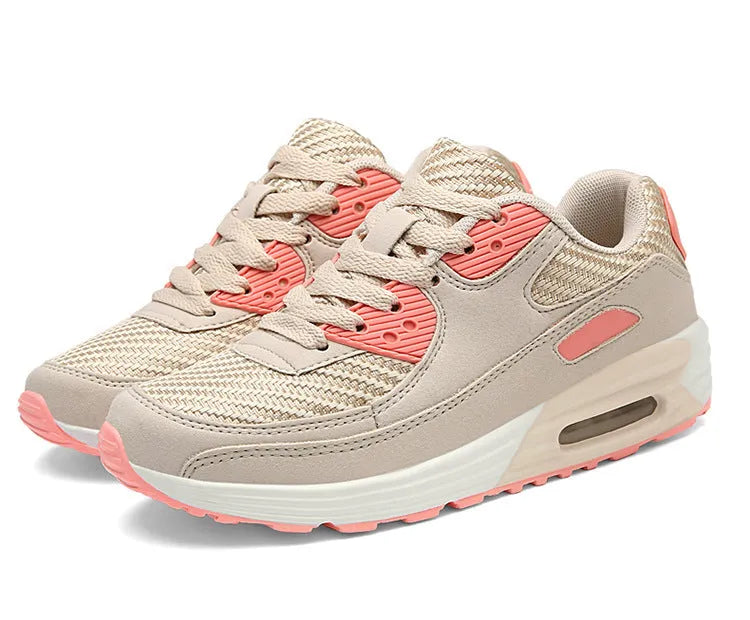 Women's casual low-heel shoes in beige orange, grey, and pink purple, showing a sizing chart.
