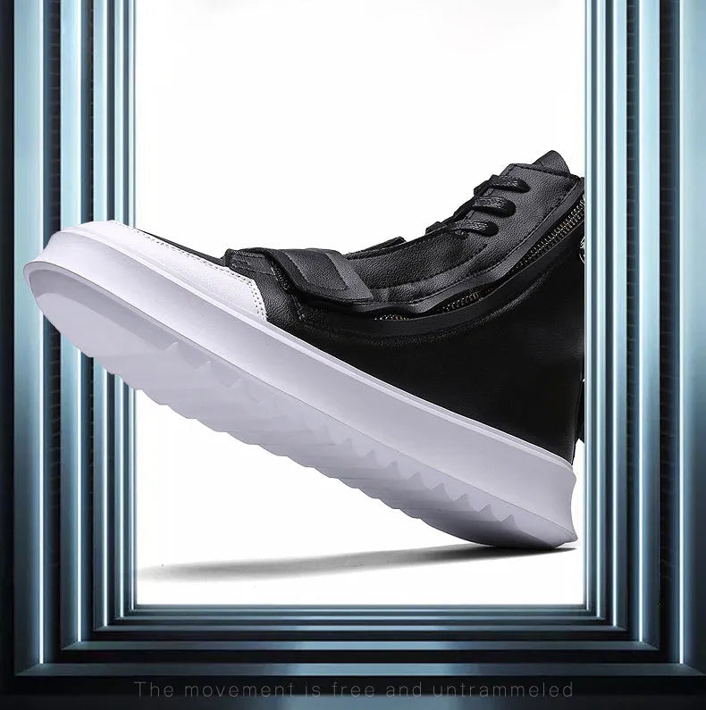 Men's black and white high-top sneaker style winter ankle boots made from PU leather microfiber.