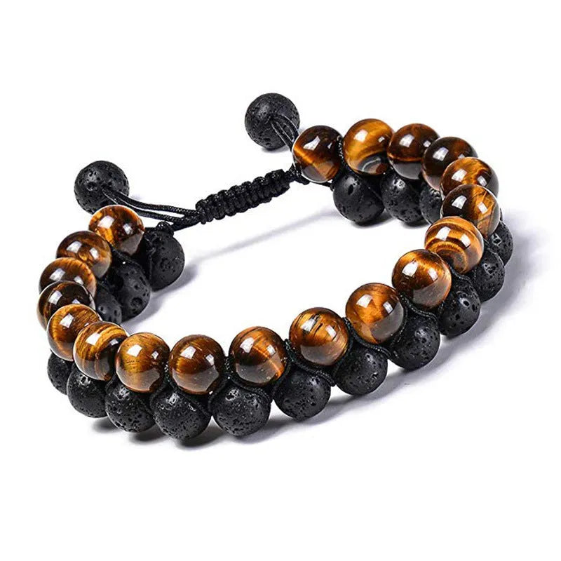 Geometric matte black agate couple bracelets with tiger eye beads, shown as a matching set.