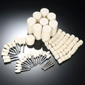 Polishing wheel accessories 129-piece set with white wool brushes and metal grinding wheels on a workbench