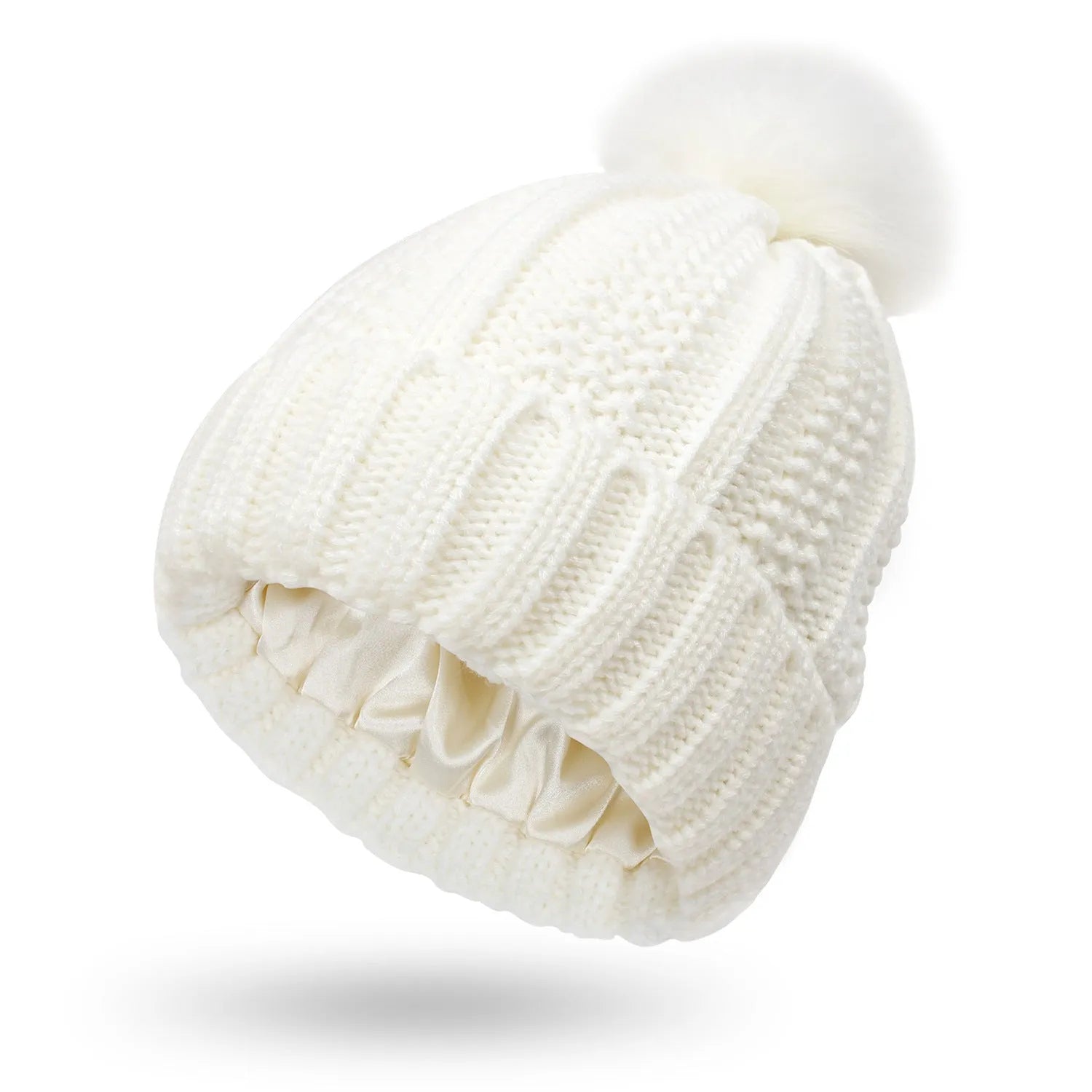 Women's satin lined wool beanie with faux fur pom pom in classic winter colours