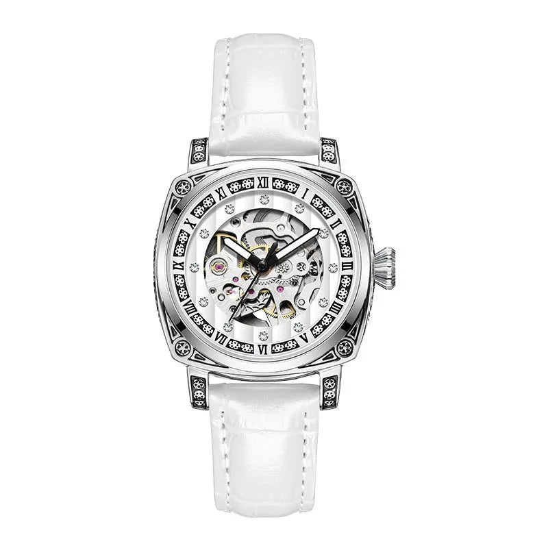 Mechanical watch with luminous hands on a leather strap, showing colour options of black, red, steel, and white dials.