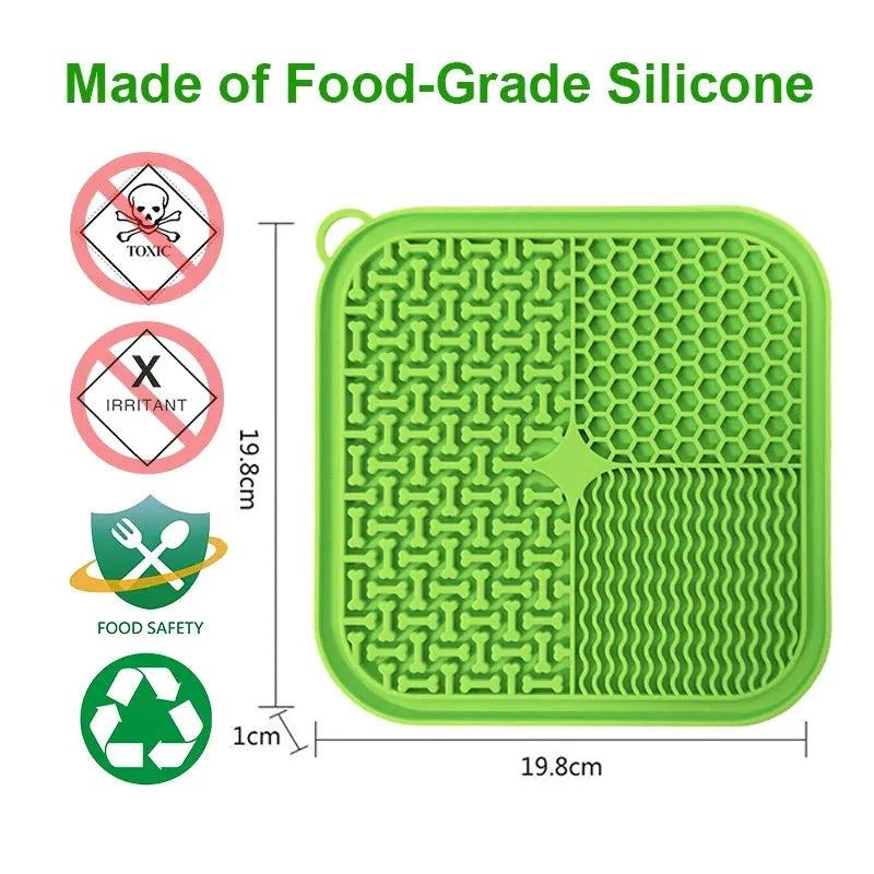 Blue silicone dog licking mat with textured pattern and suction cups on the back.
