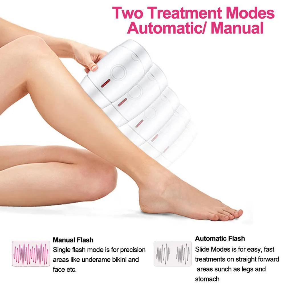 White home laser hair removal device with display, shown with its power adapter and international plug heads.