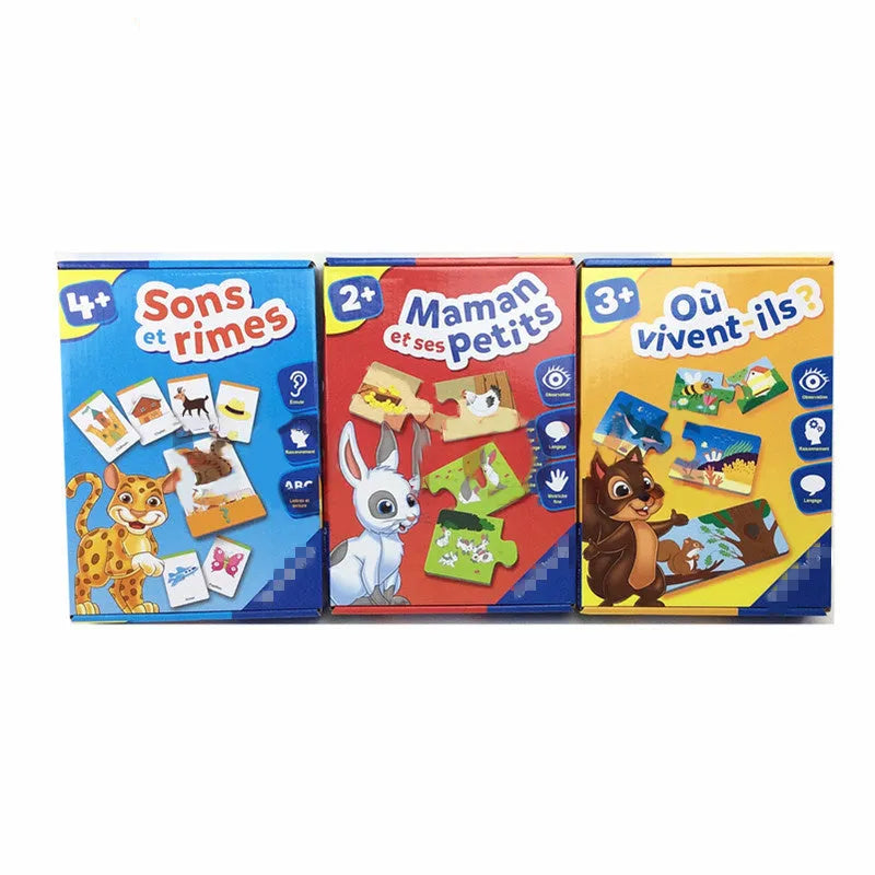 French educational puzzle toy with 24 picture-word pieces for children aged 2+