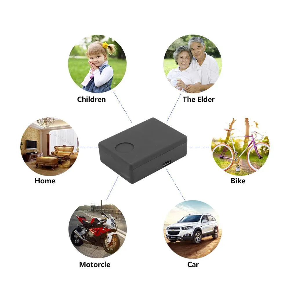 Black mini car GPS tracker with SIM card slot for vehicle security and location monitoring