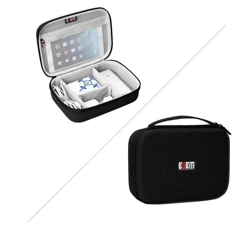 Black EVA digital storage bag with open compartment showing cable organisation