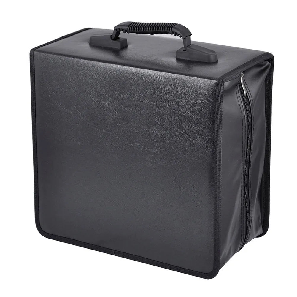 Black Oxford cloth CD and DVD storage binder with zipper and top carry strap.