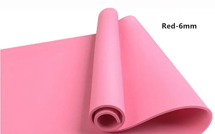 Red and blue EVA composite yoga mats showing 4mm and 6mm thickness options for home fitness.