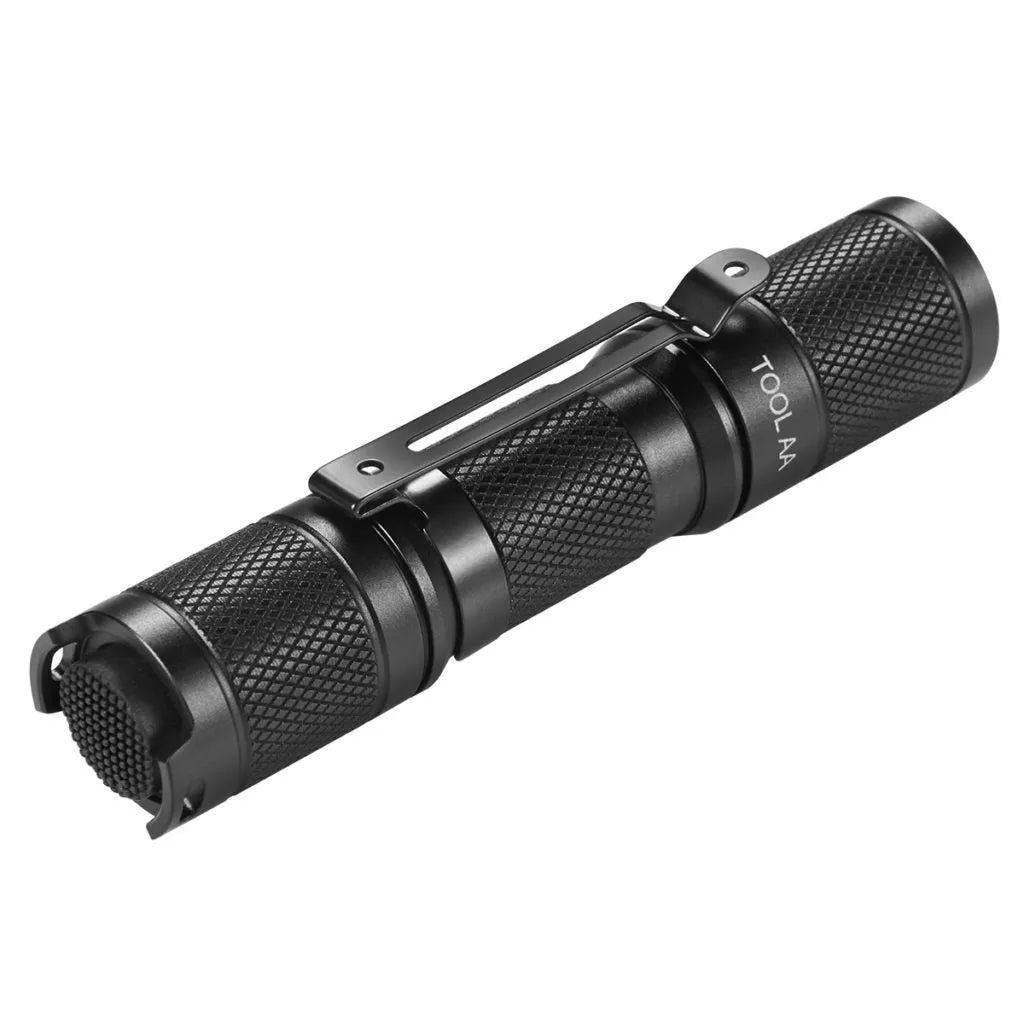 Lumintop Tool AA2.0 black keychain flashlight with tail switch and pocket clip on white background